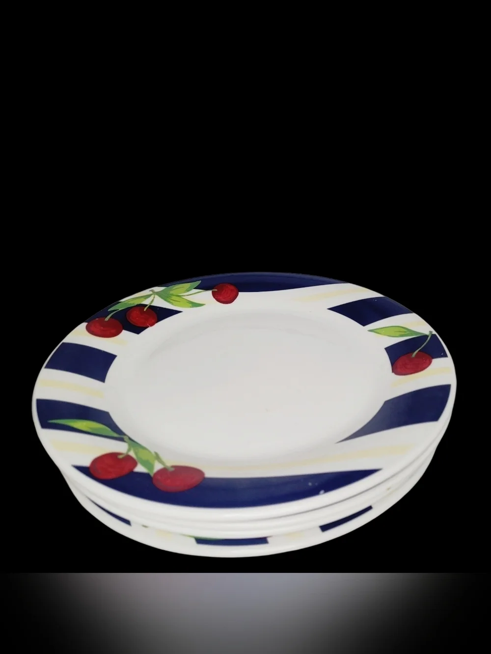 Rare 4 Vintage Cherry Stripe Plate Set By Montgomery Wards